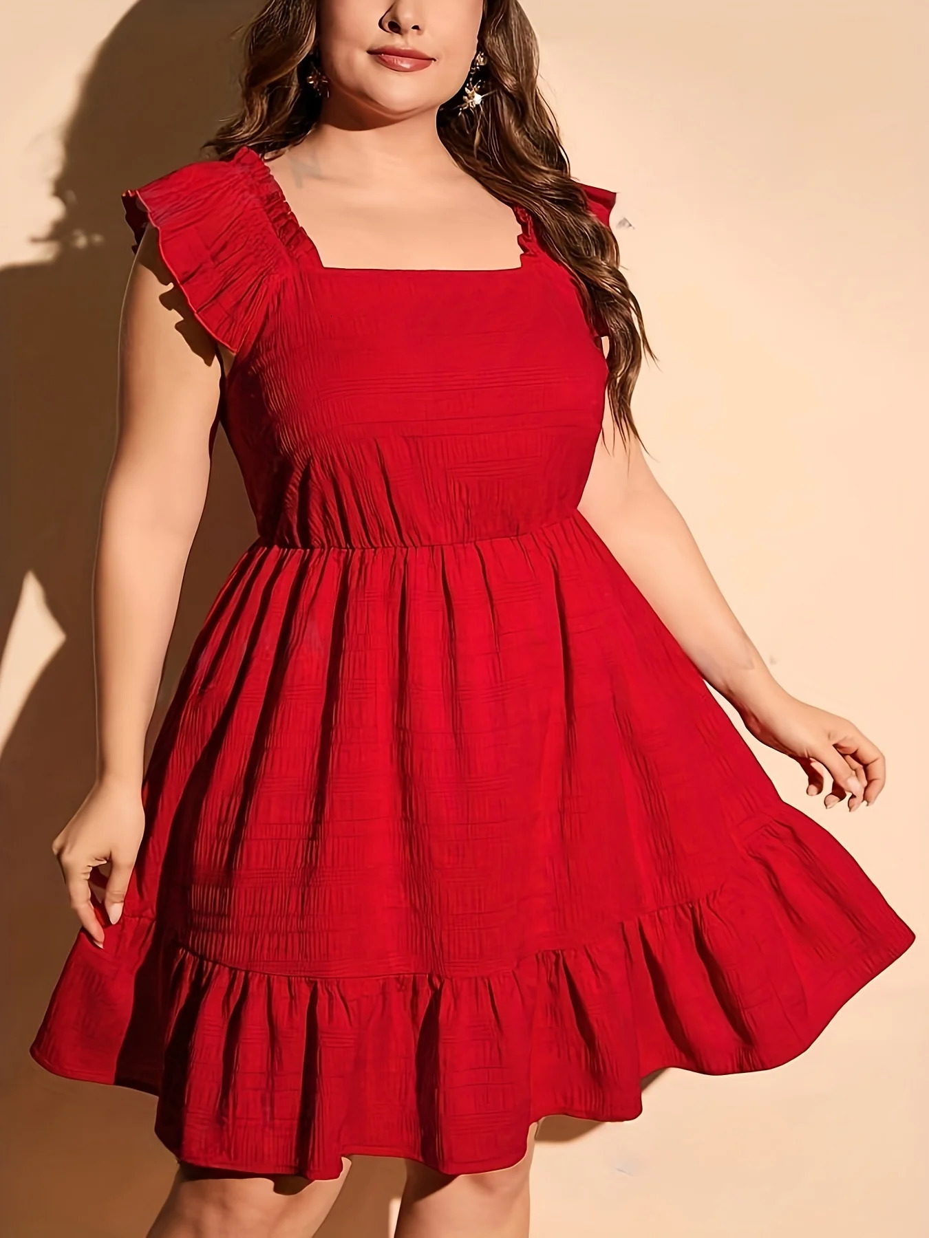 Plus Size Summer Women Elegant Dress Casual Vacation Vintage Solid Square Collar Ruffle Dresses 250106