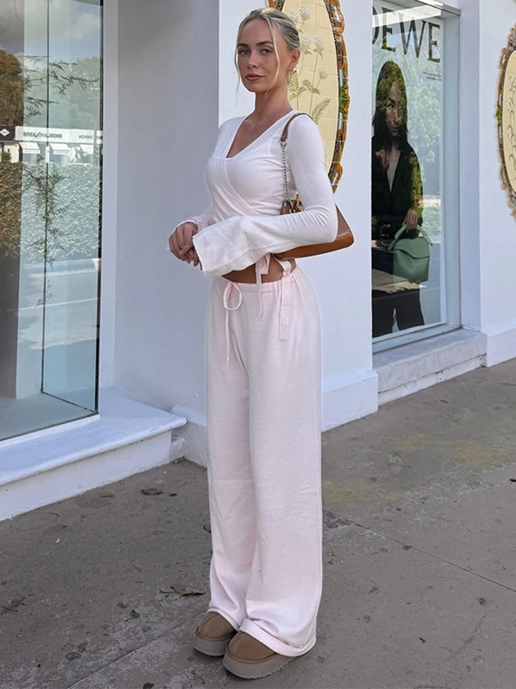 Absobe Autumn Winter Loose Pants Leisure Suit Women Flare Sleeve Crop Cardigan Top Laceup Solid 2 Piece Set Fashion Outfit 250106