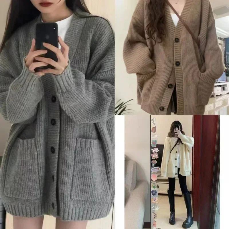 Korean College Style Single Breasted Cardigans Loose and Lazy V-neck Big Pocket Knitted Cardigan Womens Coat Sweater 250106
