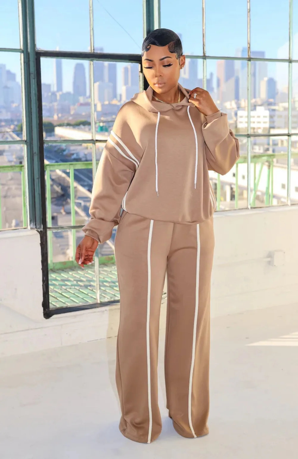 Autumn Winter Fashion Solid Color Two Piece Set Women Long Sleeved Hooded Sweatshirt Pants Casual Sports 250106