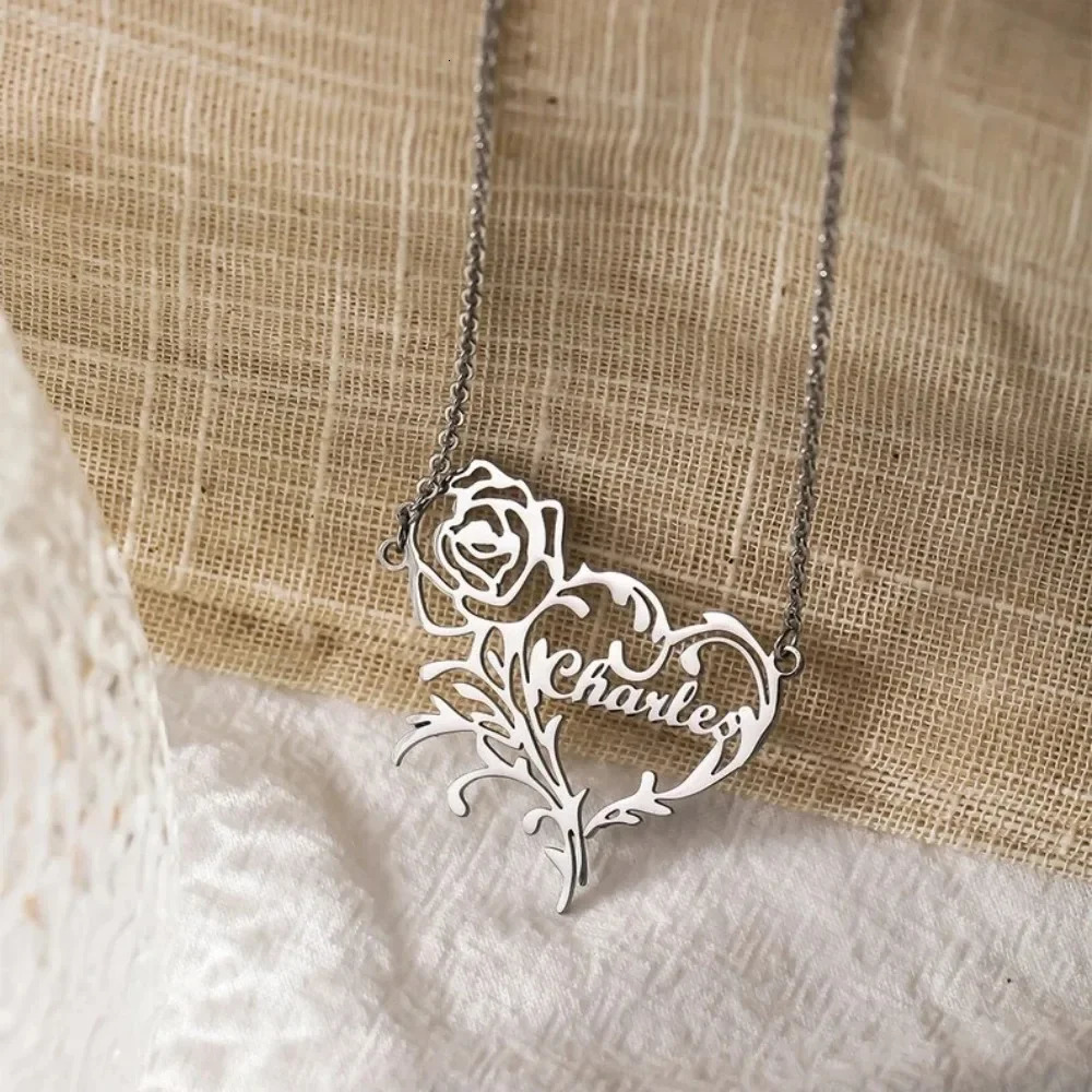 Custom Name Love Heart Rose Necklaces for Women Stainless Steel Jewelry Personalized Letter Pendant Choker Valentines Day Gifts 250109