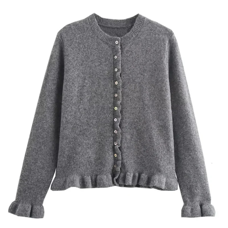 Woman Ruffled Crop Cardigan Autumn Blue Grey Knitwear Womens Sweater Ruched Long Sleeve Outwear Korean Style Cardigan 250106