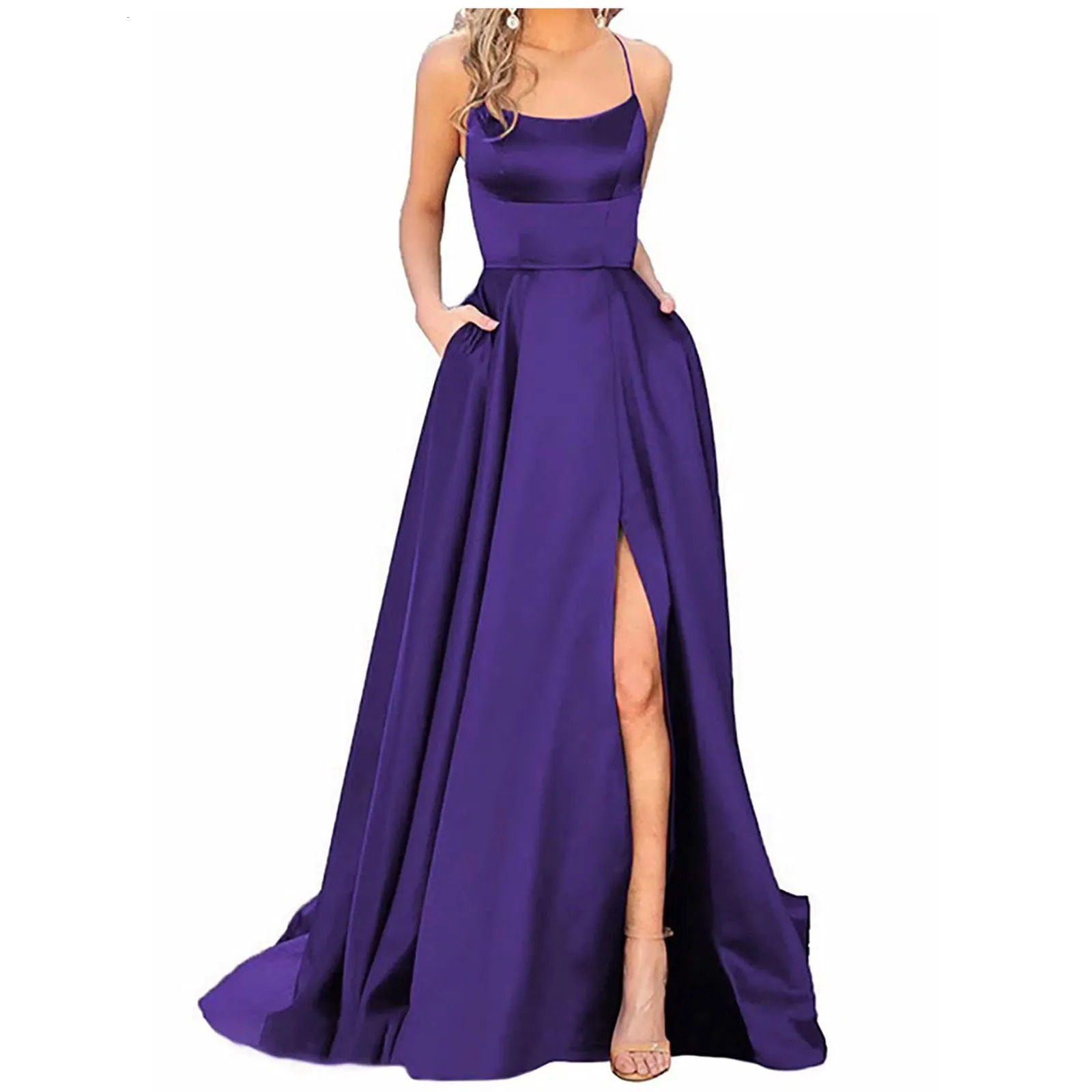 WomenS Long Dresses Backless Satin Strap Party Dress Side Slit Wedding Pockets Plus Size For Women 250106