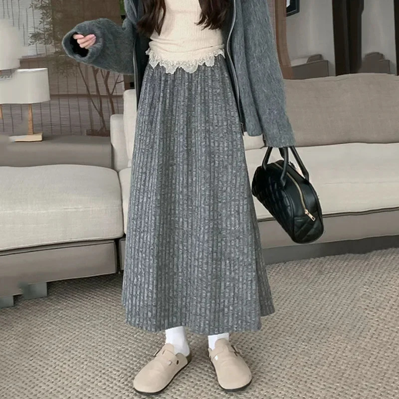 Smvp Autumn Winter Thicken Plush Aline Skirts Wowen Solid Casual High Waisted Long Skirt Ladies Lazy Style Midi 250106