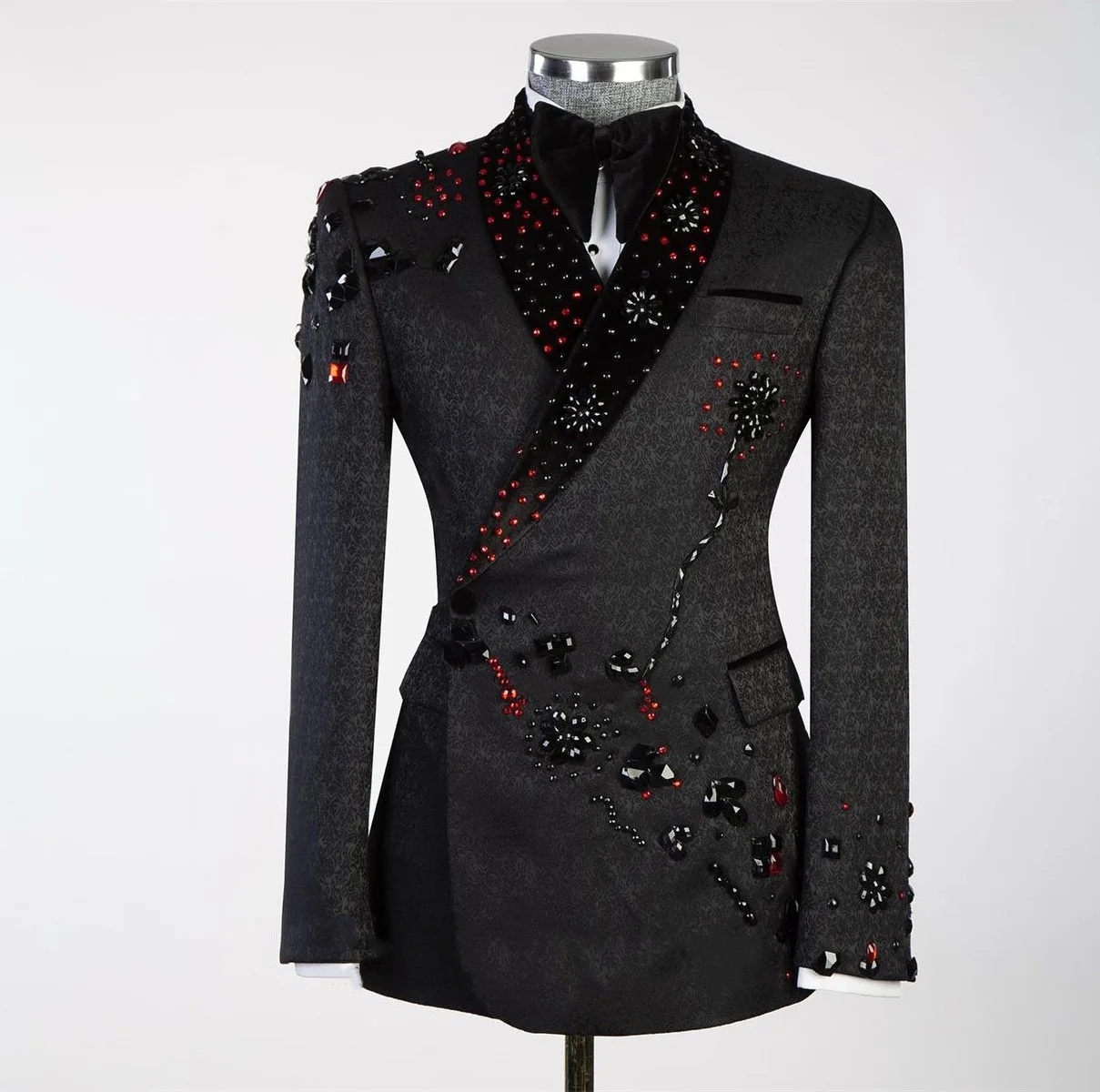 Fashion Men Wedding Suits Shawl Lapel Rhinestone Beaded Groom Wear Tuxedos 2 Pieces Set Jacquard Business Jacket Evening Party Custom Made Blazer Pant