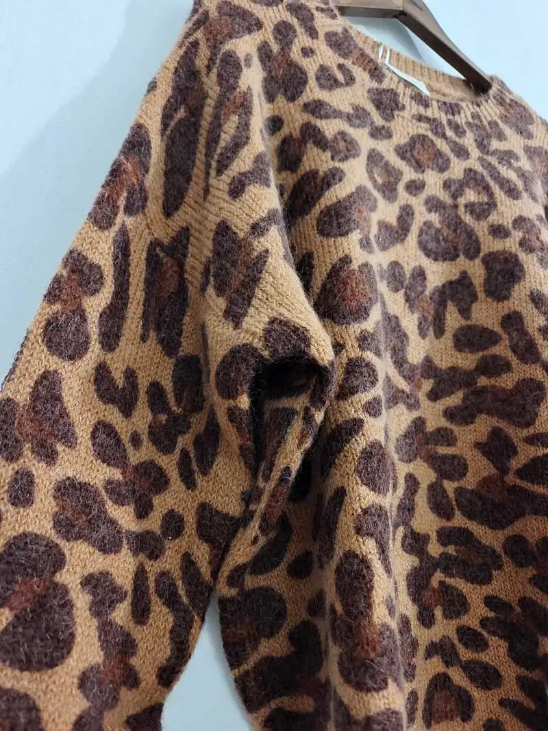 leopard print knitted sweater women long sleeve round neck streetwear autumn winter wool blend warm jumper female 250108