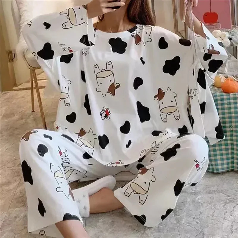 Spring Sleepwear Sets Set Pajama Cow Cartoon Long Sleeve Print Cute Women Twopieces Underwear 250106