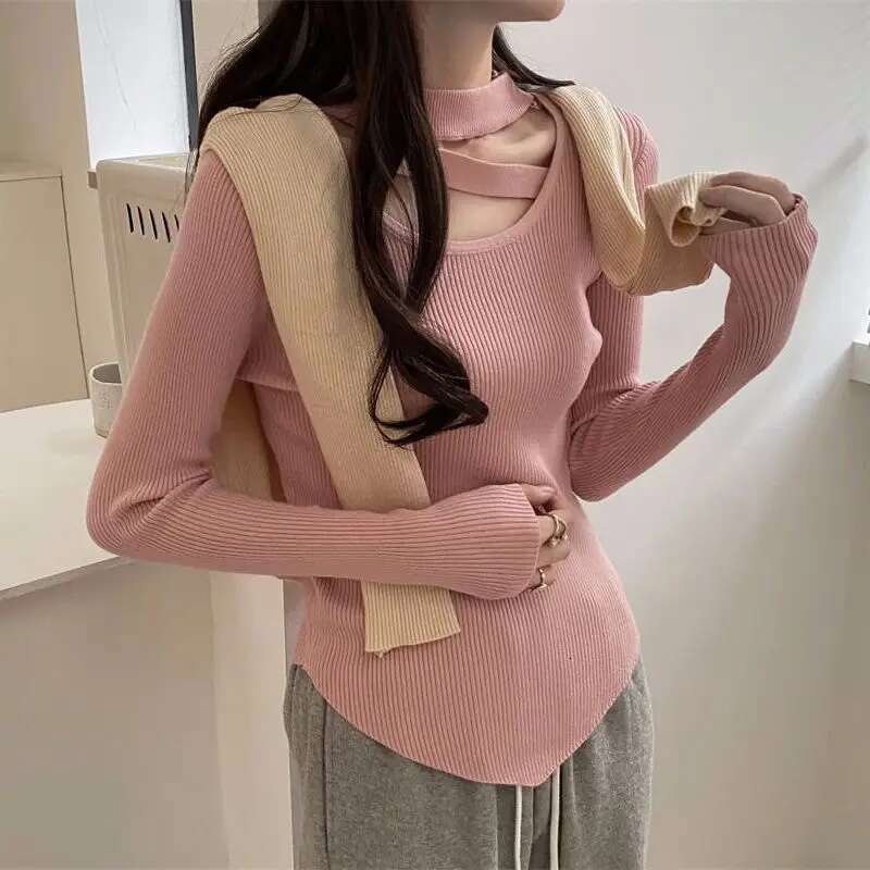 2025 New Autumn Winter Slim-Fitting Halterneck Round-Neck Bottoming Sweater For Women With Irregular Long-Sleeved Top
