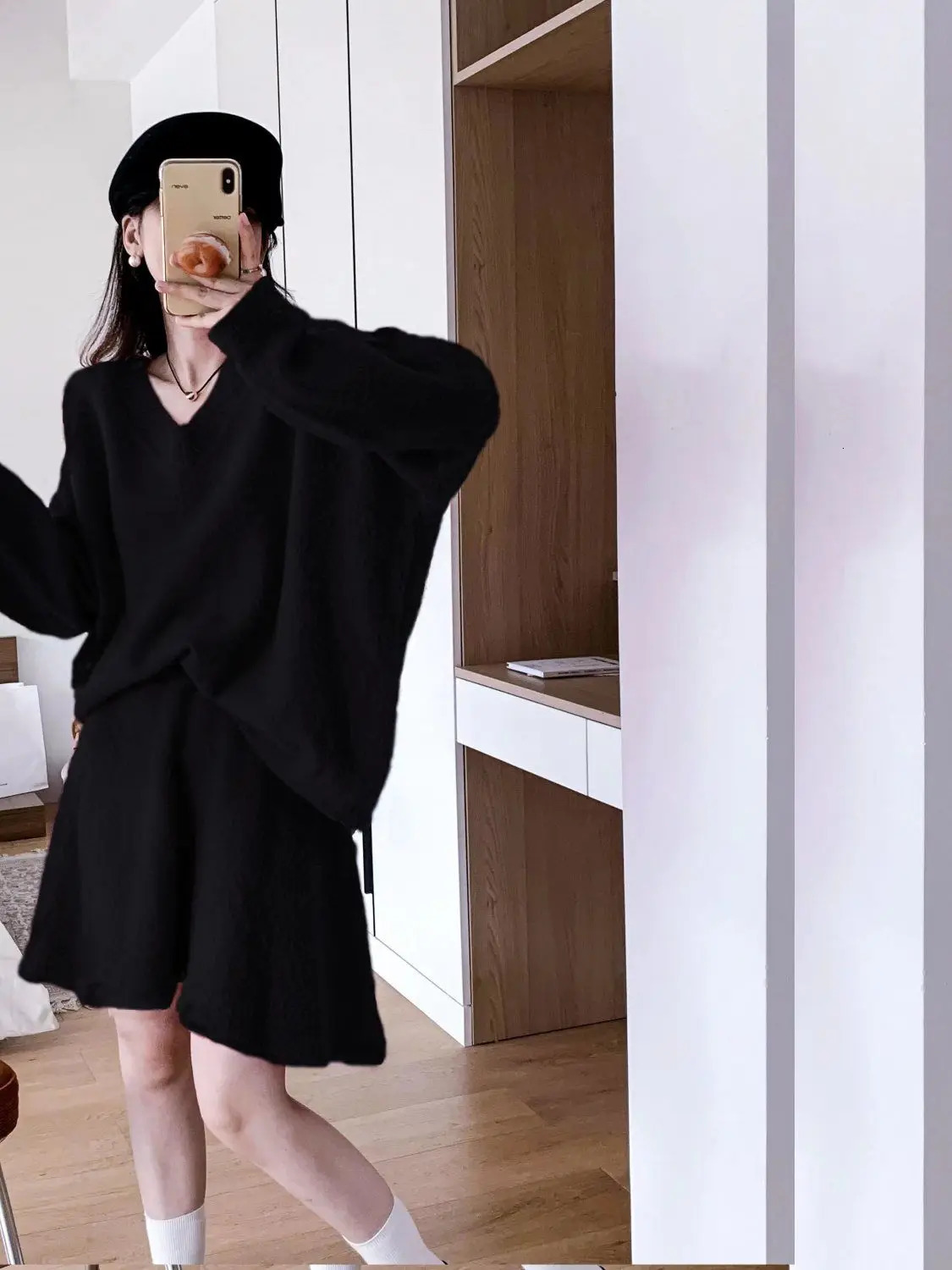 Womens Korean Retro Raccoon Velvet Sweater Casual Half Skirt Elegant 2Piece Set Spring and Autumn 250106