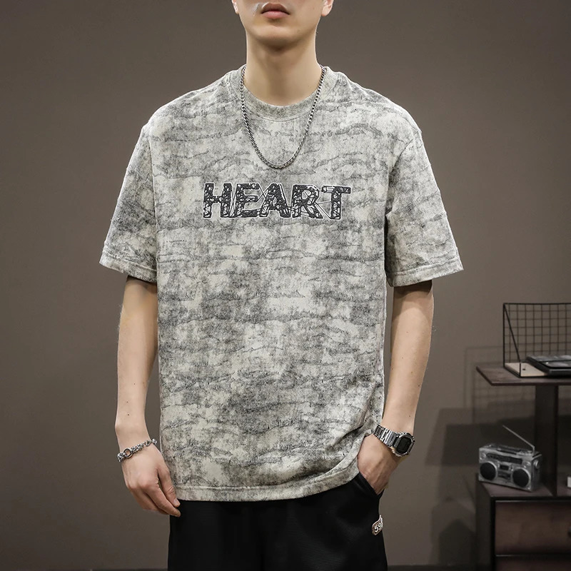 Summer Round Neck Heavyweight Tshirt Mens American Retro distressed Washed Cotton Fashion Trend Letter y Top 250106