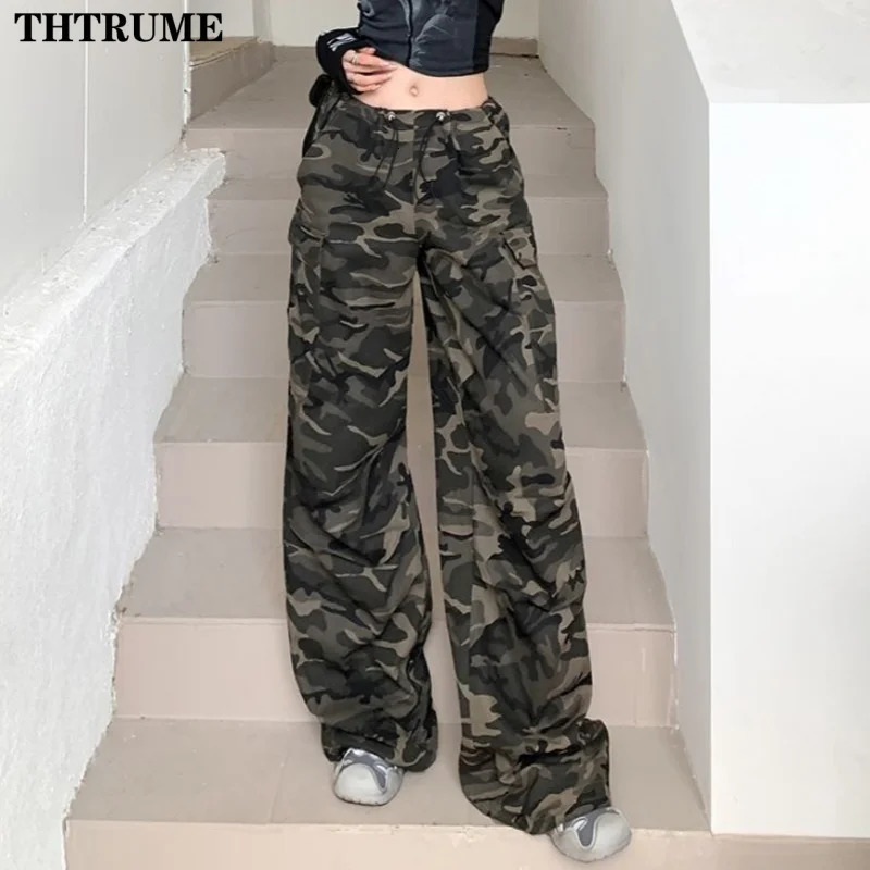 Spring High Waist Drawstring Cargo Pants Fashion Women Pocket Oversized Baggy Pant Casual Streetwear Camouflage Retro Trousers 250108