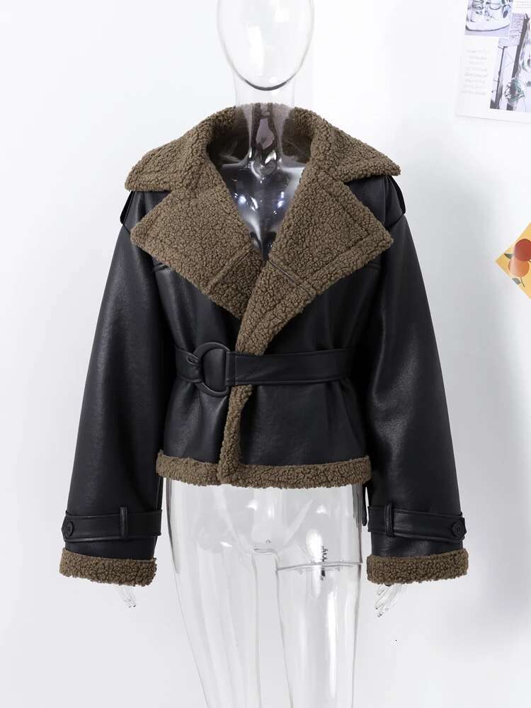 Fashion PU Leather Lamb Wool Cropped Coat With Belt Women Turn Down Collar Long Sleeve Short Bike Jacket Autumn Winter Chic Tops