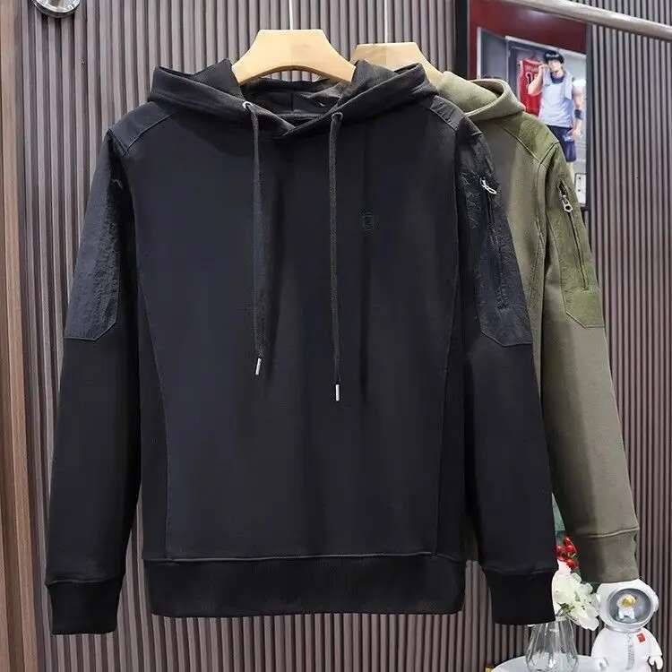 Cotton Knitted Men's New Bottom Coat Heavy Splicing Color Contrasting Trendy Brand Hoodie