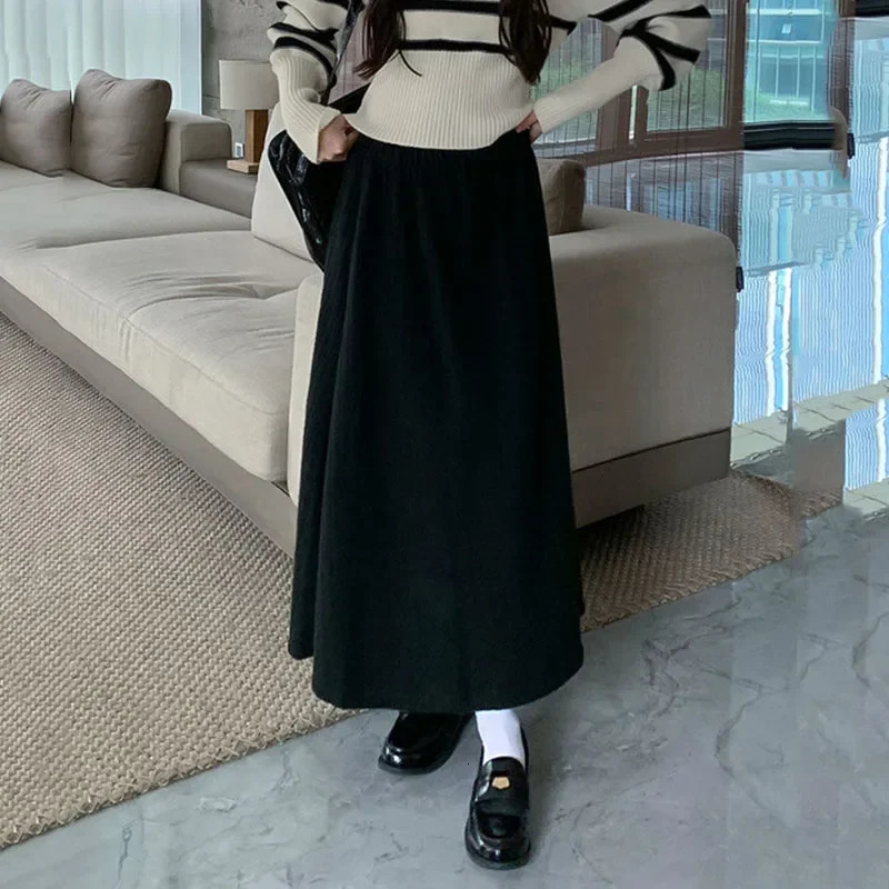 Smvp Autumn Winter Thicken Plush Aline Skirts Wowen Solid Casual High Waisted Long Skirt Ladies Lazy Style Midi 250106