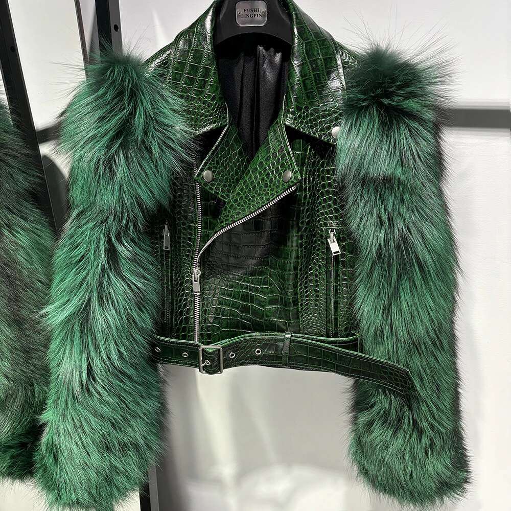 Yoloagain Real Fox Fur Sleeve Sheepskin Women Brown Croc Pattern Leather Jacket Female