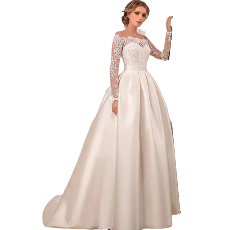 Simple Ivory Satin A-Line Wedding Dresses Bateau Neck Lace Long Sleeves Elegant Bridal Gowns Back Buttons Sweep Train 2025