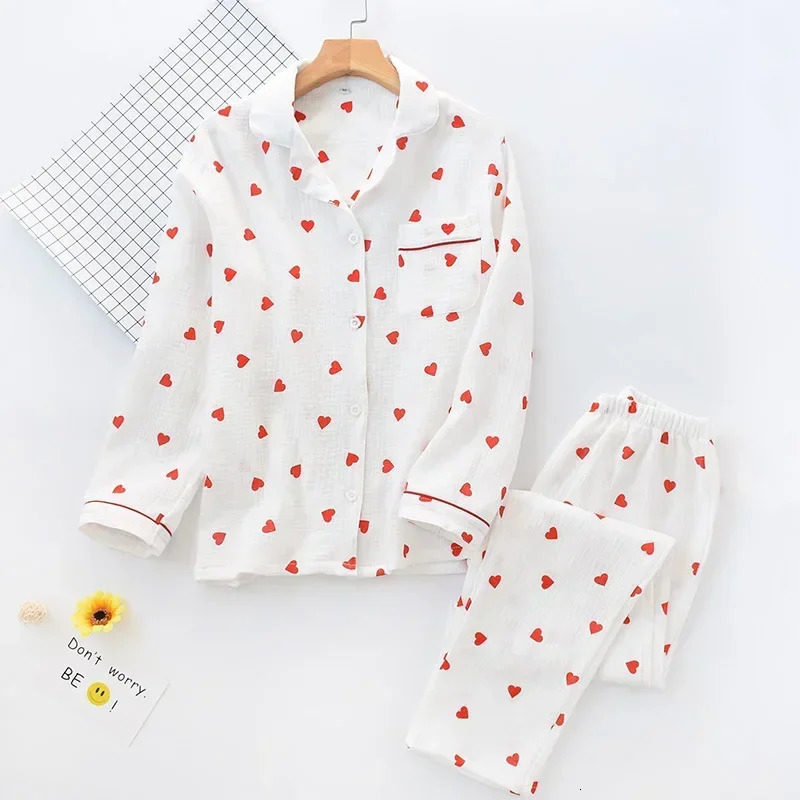 Smal Heart Printing Pink White Colors Women Trousers Pajama Set Cotton Sleepwear Clothes for Spring and Autumn Home Clothing 250106