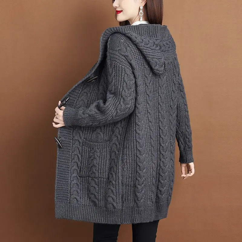 Autumn Winter Thicken Sweaters5XL Large Size Fashion Hooded Knitted Outerwear Womens Cardigan Sweater Knitting Jacket 250108