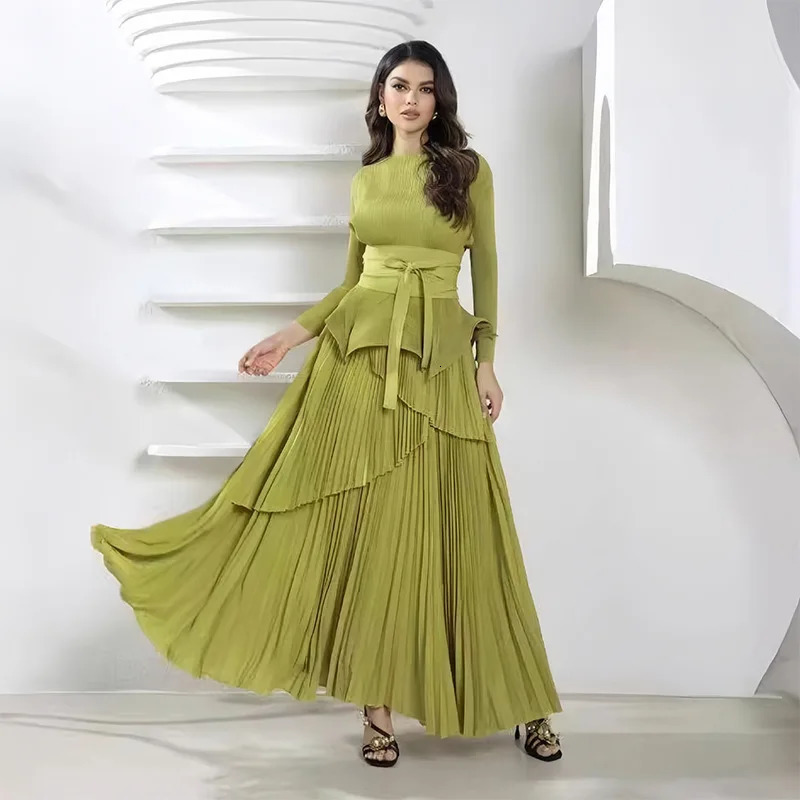 Women Pleated 2 Pieces Set Spring Holiday Bandage Belt Ruffles Stretch Irregular TopElastic Waist Long Skirt Suit Outfits 250106