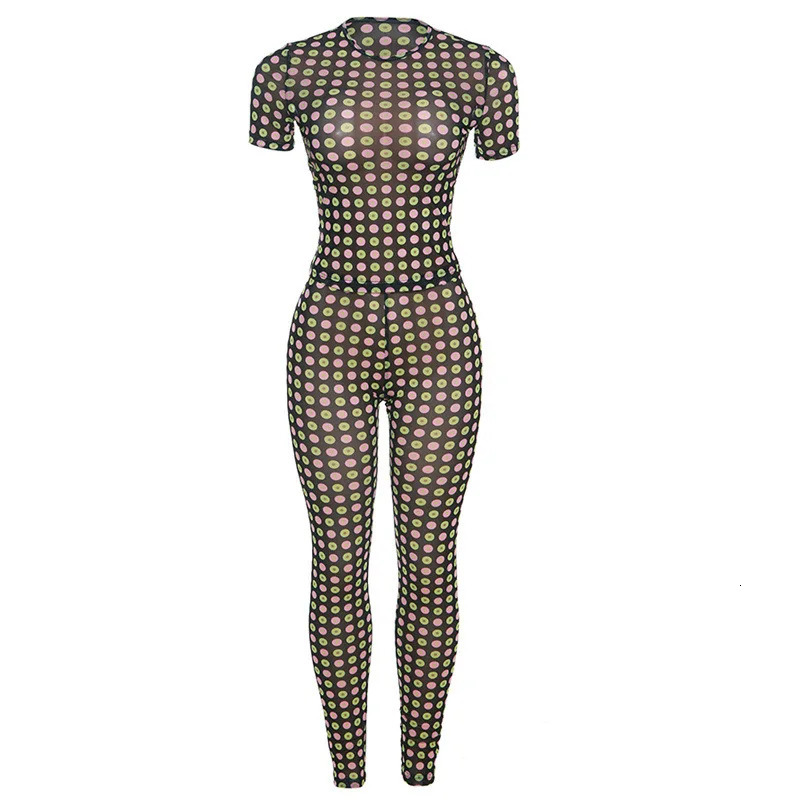 Two Piece Set Mesh Point Print Women Casual Shhort Sleeve Round Neck TshirtsHigh Waist Skinny Trousers Female Streetwear 250106