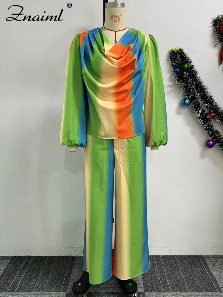 Znaiml Lantern Sleeve Top and Wide Leg Pants Two Piece Set Rainbow Gradient Print Women Outfits Elegant Office Birthday Party 250106