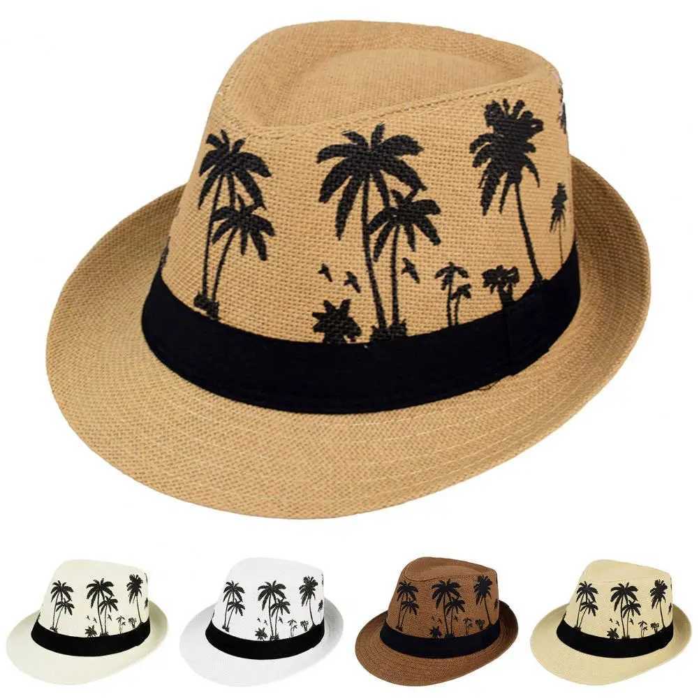 Mens beach hat breathable short Brim tree print contrasting color flat top sunshine lightweight outdoor travel jazz suit X250109