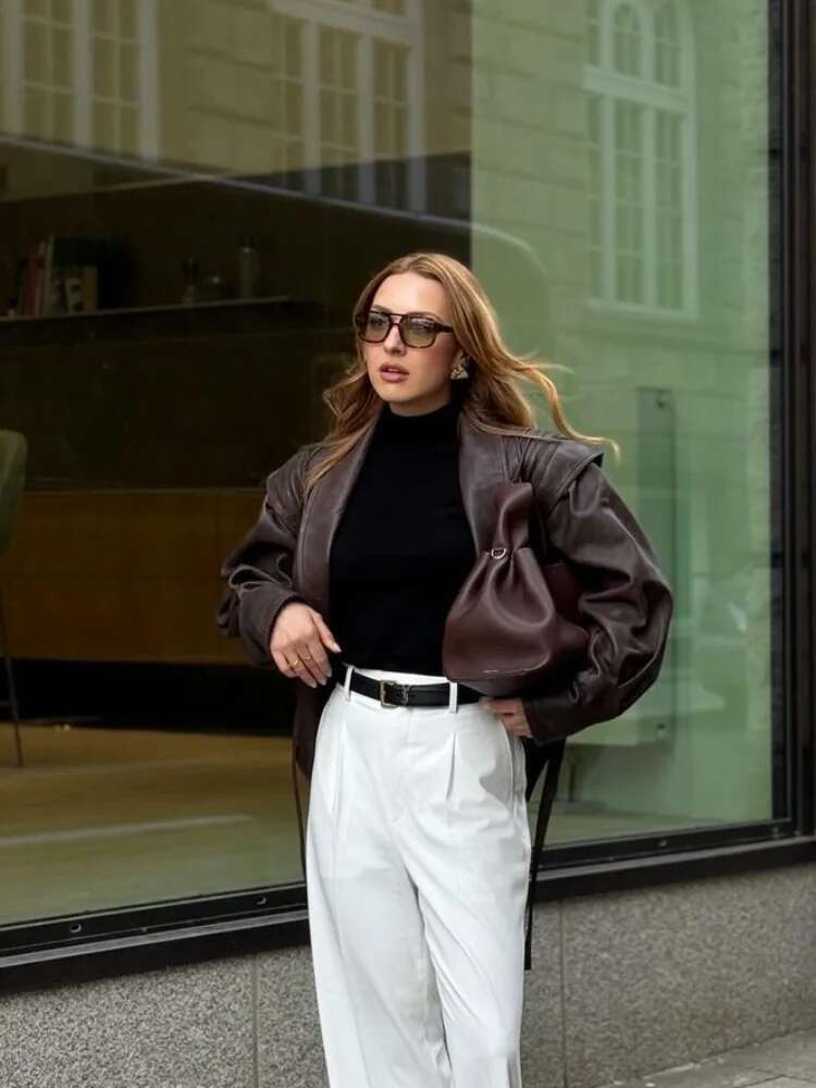 Fashion Solid Pu Leather Women Motorcycle Jacket Chic Lapel Long Sleeve Slim Short Coat With Belt Autumn Lady High Street Tops
