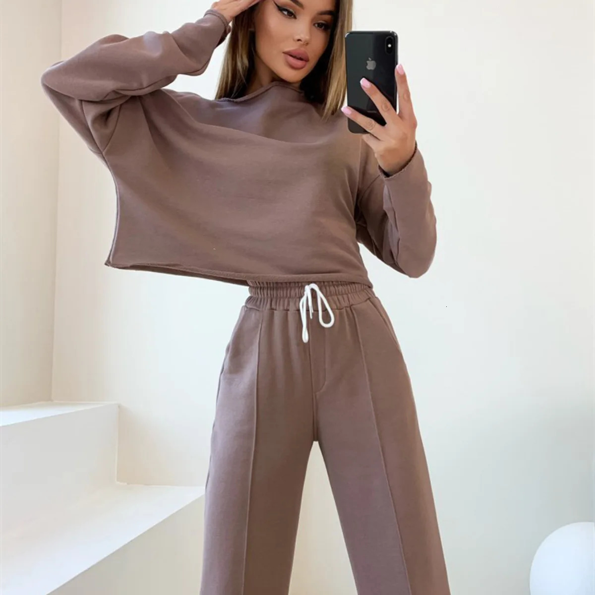 Womens Autumn 2 Piece Outfits O-neck Long Sleeve Tops Loose Wide Leg Pants Lounge Sets Straight Trousers Suit Ropa Mujer 250109