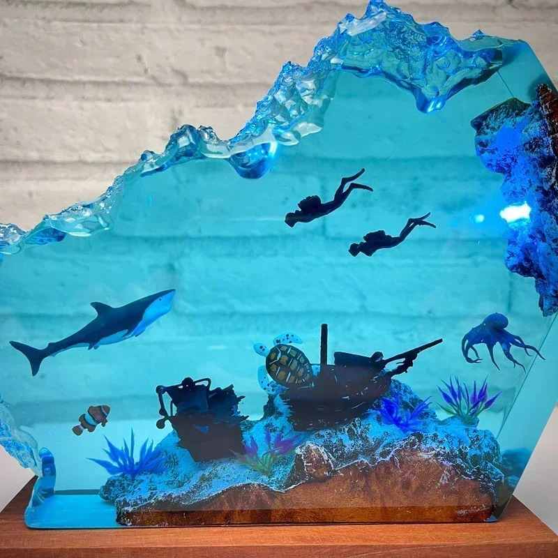 Seabed World Organism Resin Table Light Creactive Art Decoration Lamp Shark Sunken Ship Octopus Theme Night Light USB Charge 250109
