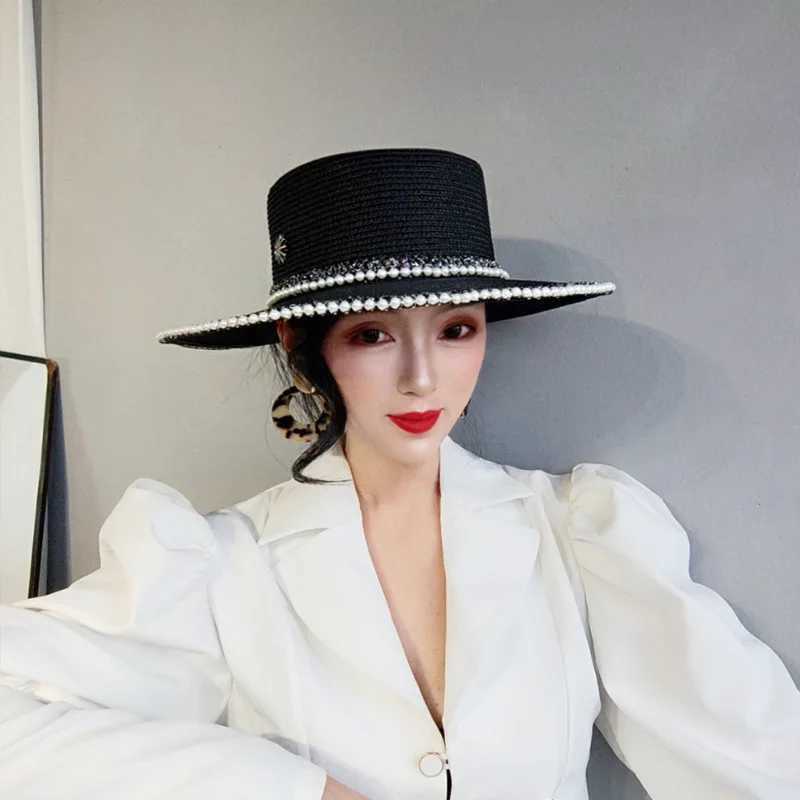 Luxury rhinestone white text hat wide brown French lace work hat pearl retro fashion text hat flat top hat beach trend X250109