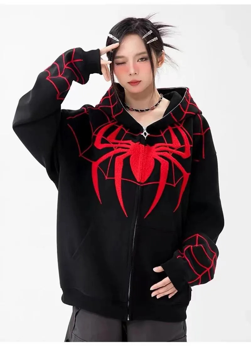 Gothic Y2k Anime Embroidered Zipper Spider Hoodie Mens Sportswear Harajuku Oversized Hip Hop Long Sleeve Hoodie Mens 250109