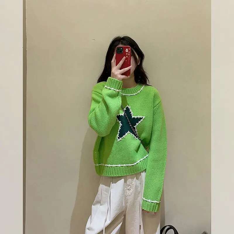 Korean Fashion Star Green Long Sleeve Sweater For Autumn/Winter New Round Neck Loose Casual Knitted Pullover Women Tops