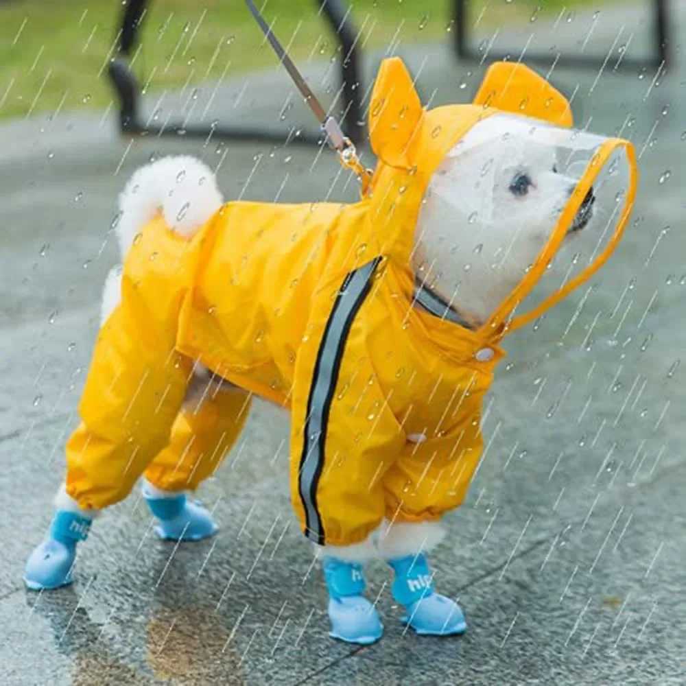 Cute Bear Shape Dog Raincoat Puppy Rain Jacket Full Body Coverage with Hat Reflective Double Layered Waterproof Dog Hooded CloakXJ250109