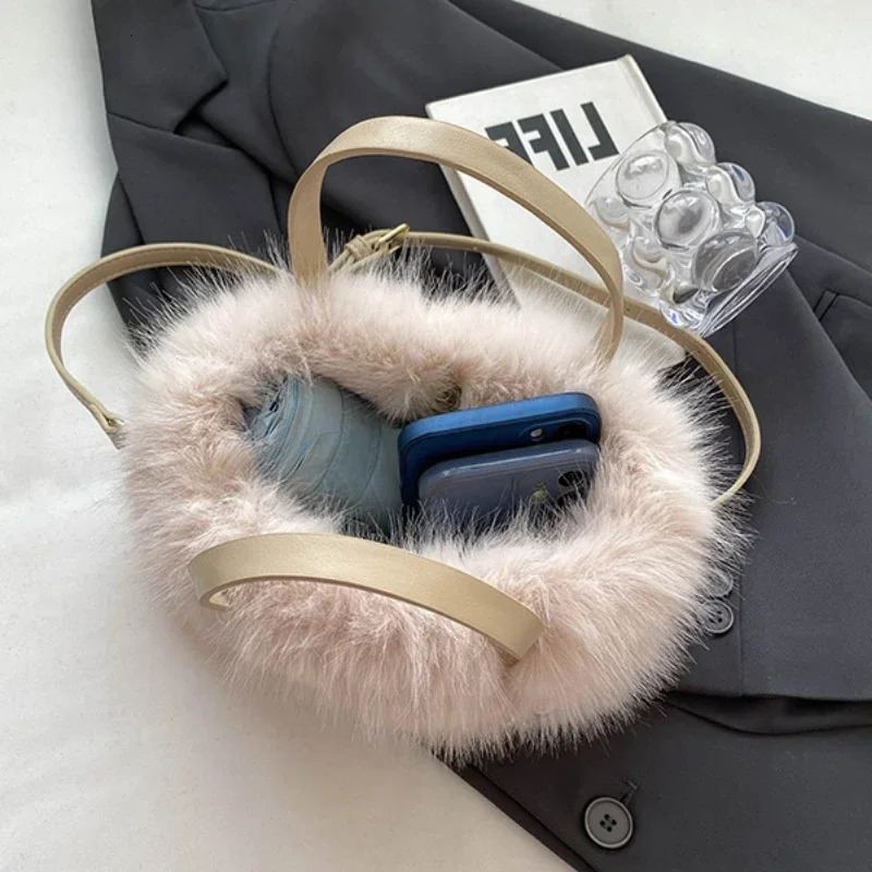 Faux Fur Tote Bag Womens Bucket Plush n Ladies Handbags Soft Winter Crossbody Shoulder Bags Bolsa Feminina 250106