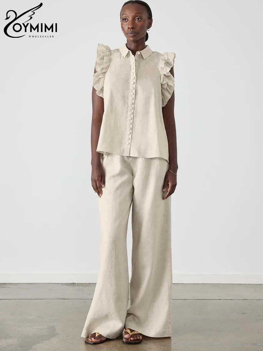 Oymimi Elegant Cotton Black Womens 2 Piece Outfit Set Fashion SingleBreasted Sleeveless Ruffled Shitrs And Simple Trousers Sets 250106