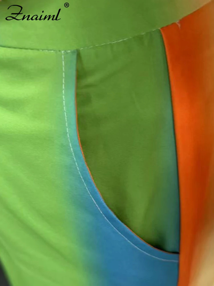 Znaiml Lantern Sleeve Top and Wide Leg Pants Two Piece Set Rainbow Gradient Print Women Outfits Elegant Office Birthday Party 250106