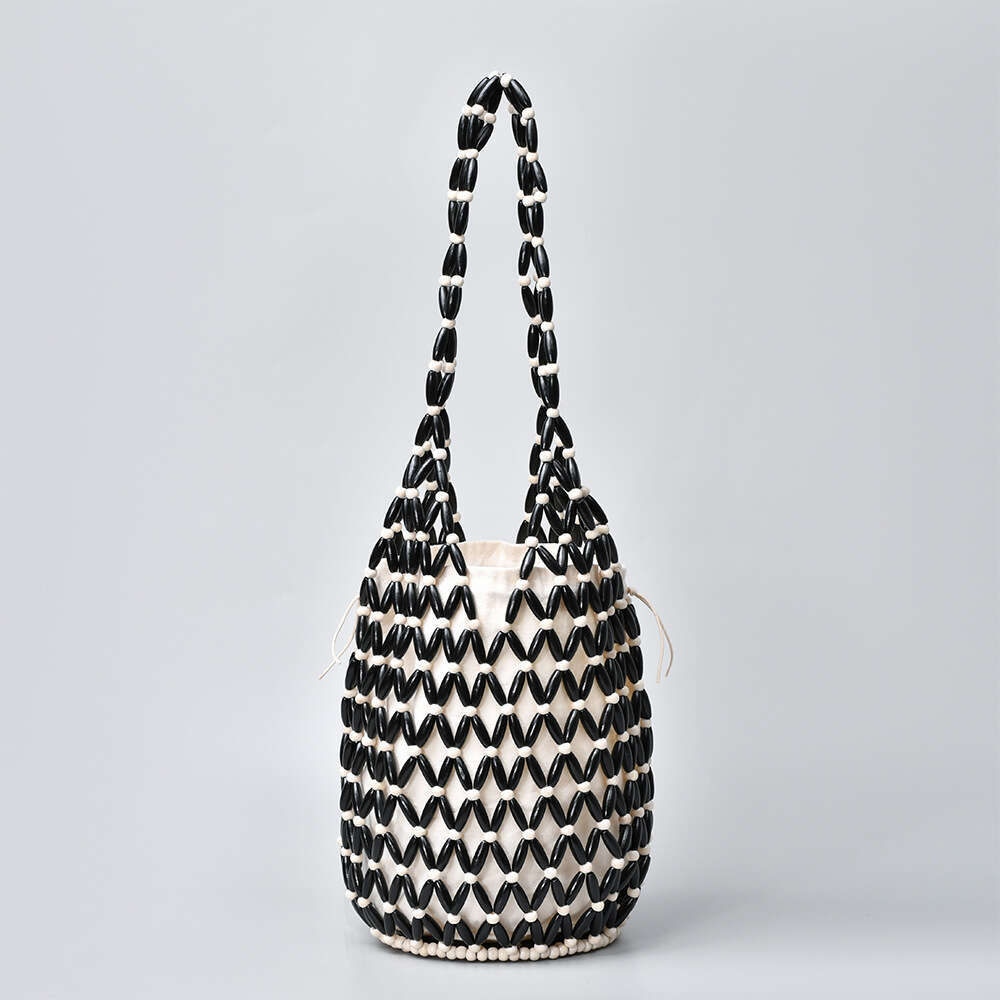 Hollow Out Handmade Woven Female Niche Design, Wooden Bead Bucket Bag, Summer Versatile Commuting Single Shoulder Women's Bags