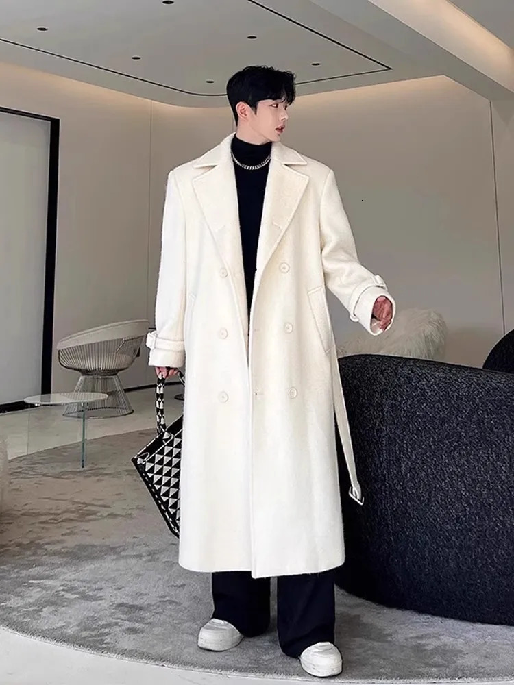Autumn Winter Thicken Double Breasted Pink Woolen Long Coat Men Solid Color Business Casual n Loose Fit Fashion Overcoat 250106
