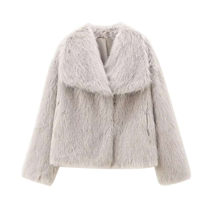 TRAF Elegant Cropped Jacket Outerwear 2024 Autumn Winter Women's Faux Fur Ladies Fashion Long Sleeve Grey Black Short Coat