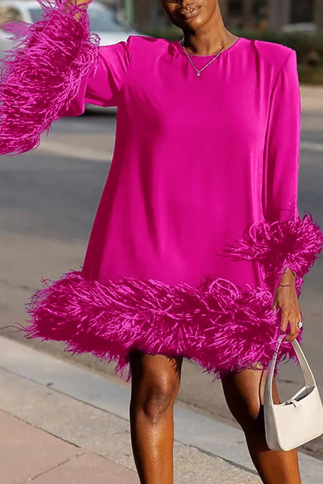 Plus Size Feather Mini Dress Long Sleeve Round Neck Elegant Party Straight Spring Flare Casual Chic Dresses 250106