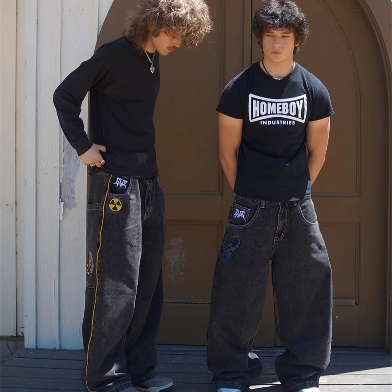 Y2K Goth Men Women Fashion Hip Hop Wideleg Jeans Retro American High Street Embroidered Black Baggy Patchwork Denim Pants 241226