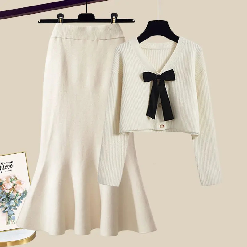 Large Womens Autumn and Winter Set Korean Sweetheart Style Slim Knitted Sweater Fish Tail Skirt Two Piece 250106