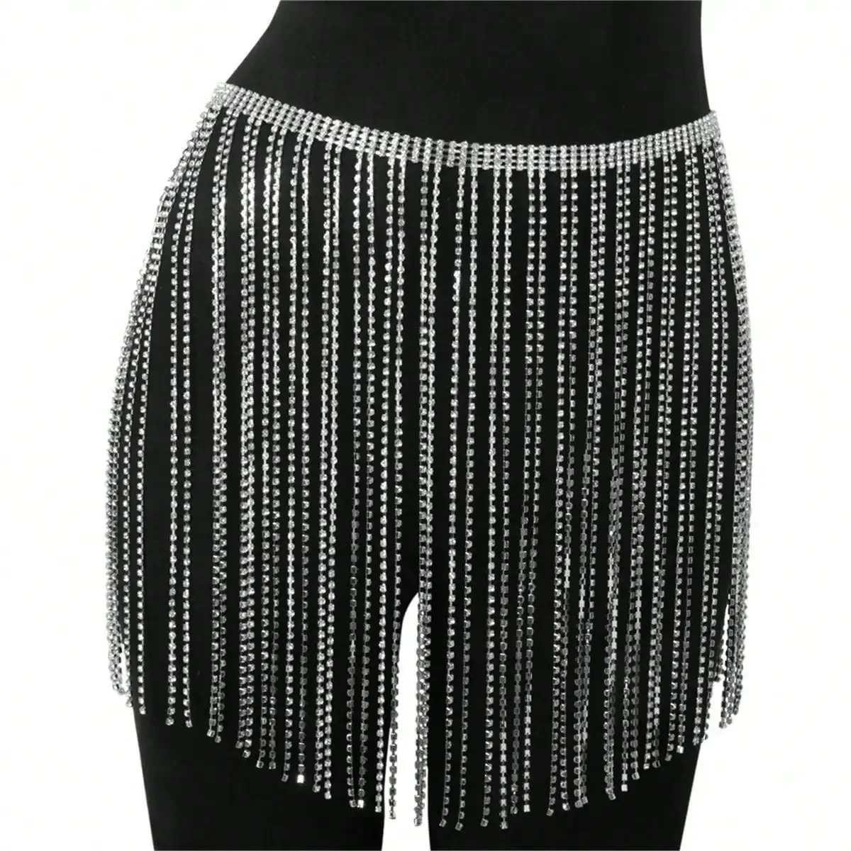 Party Silver Long Full Rhinestone Decor Tassel Waist Chain belt 250107
