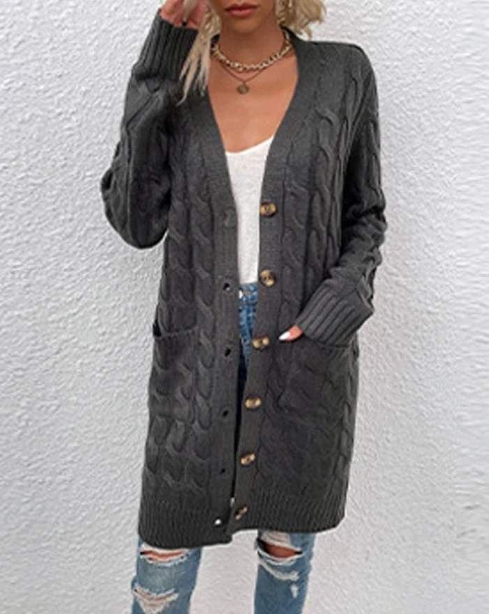 Womens Lazy Style Cardigan Autumn Winter Latest 2025 Long Sleeve Button Pocket Front Cable Knit Jacket Coat Open Front Top 250106