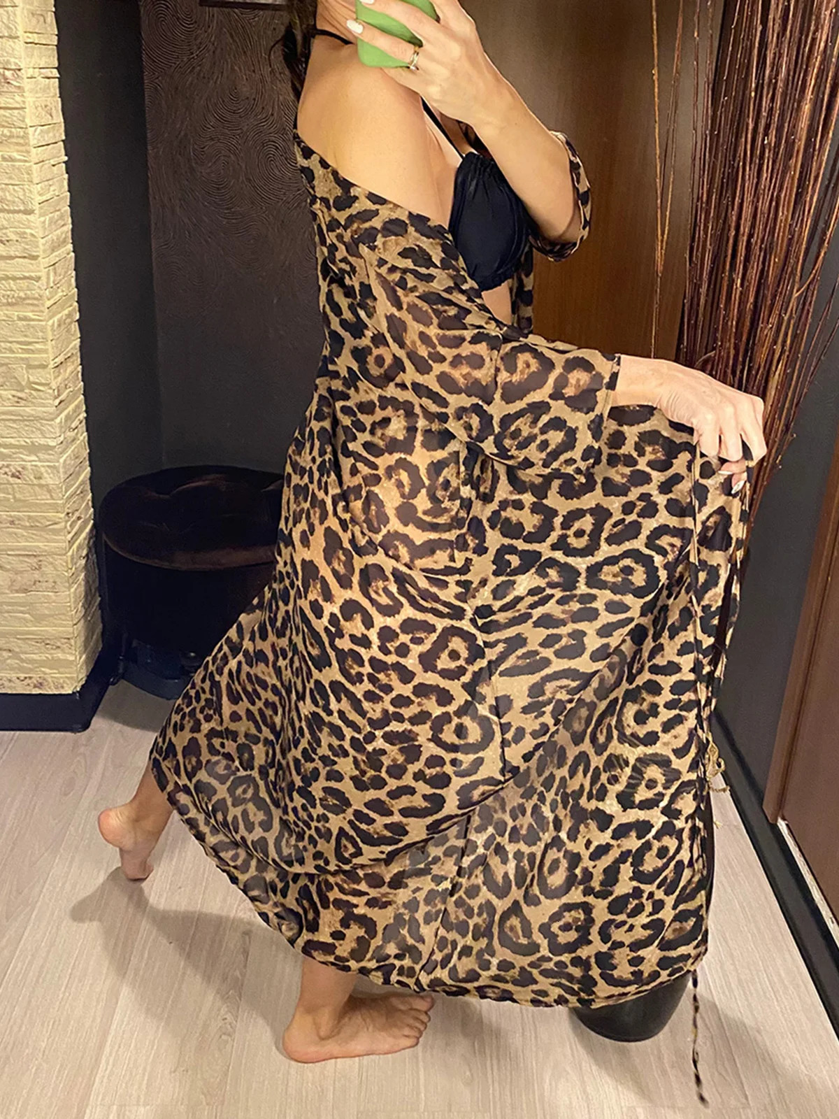 Sexy Leopard Printed Beach Cover Up Chiffon Coverups Swimwear Wear Summer Beachwear Female Women Long Dress V3219 250108