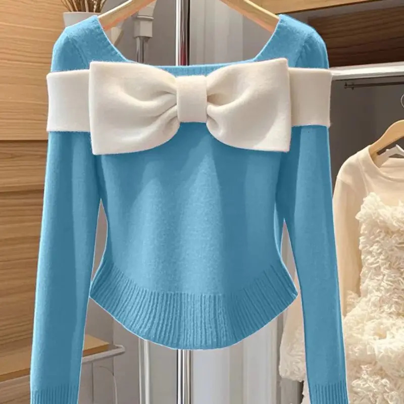 Women Clothing Fashion Elastic Slim Wool Commute Knitted Pullovers Autumn Winter Temperament Elegant Chic Bow Sweaters 250108