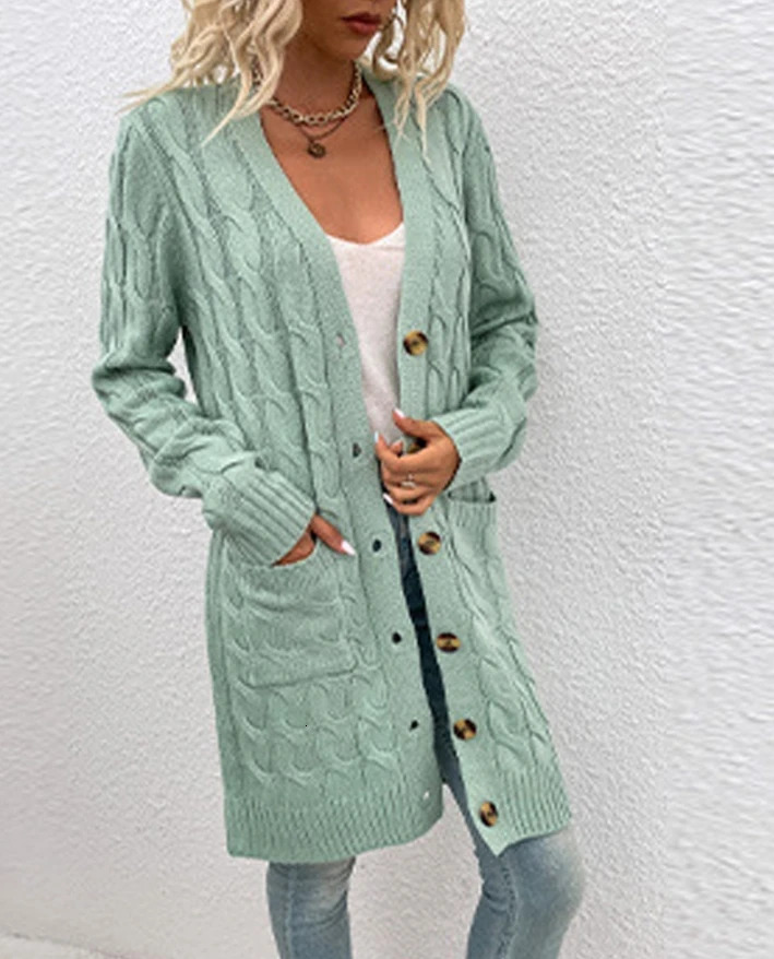 Womens Lazy Style Cardigan Autumn Winter Latest 2025 Long Sleeve Button Pocket Front Cable Knit Jacket Coat Open Front Top 250106