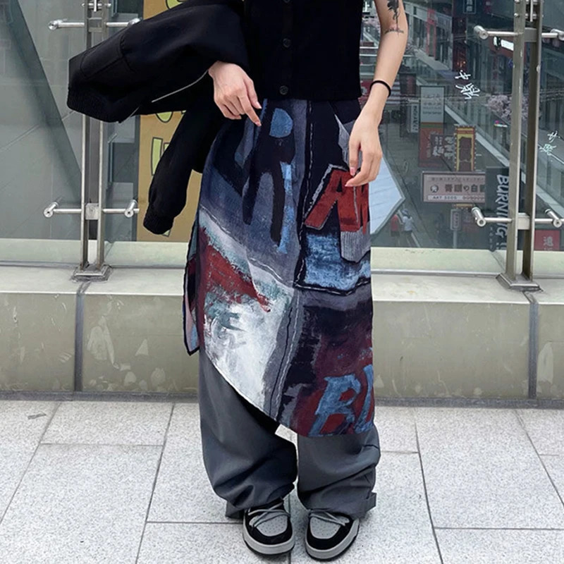MEXZT Punk Midi Skirt Women Streetwear Graffiti Print Irregular Skirts Harajuku Gothic Korean Fashion High Waist A Line 250106