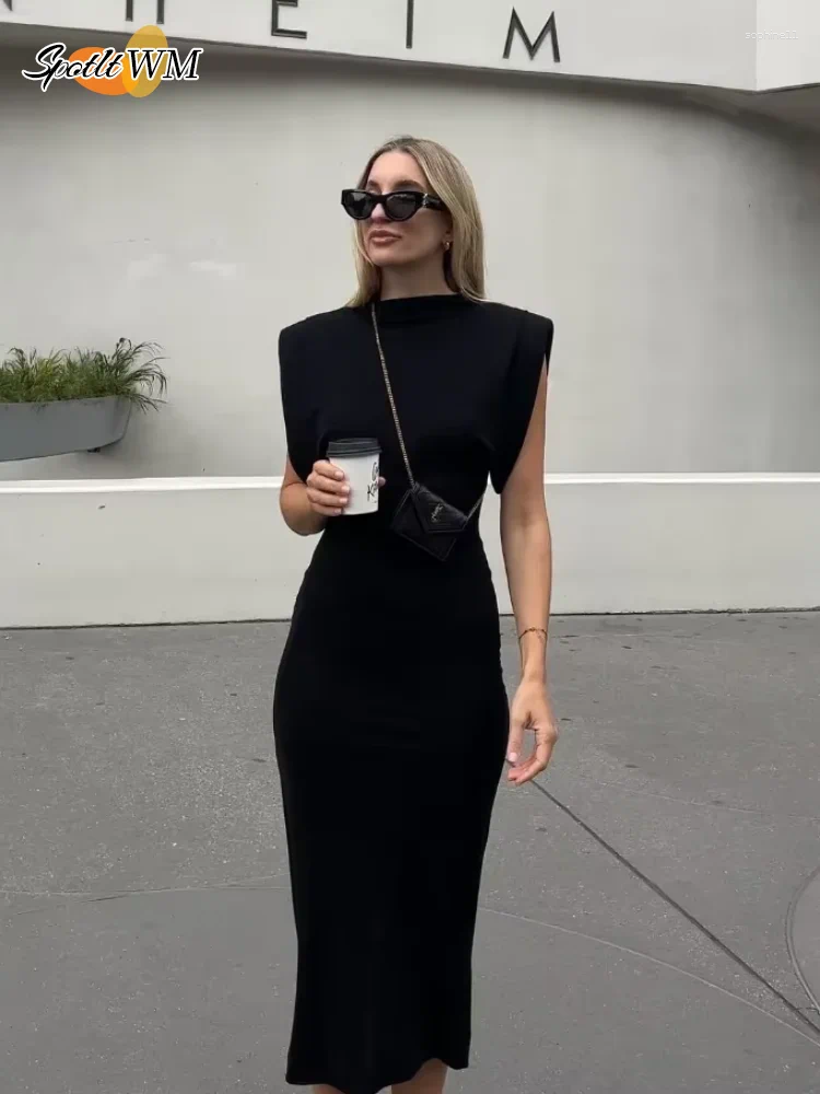 Casual Dresses Elegant Sleeveless Slim Black Long Dress For Women Fashion Shoulder Pad Bodycon Midi Party Club Woman Clothing Gowns