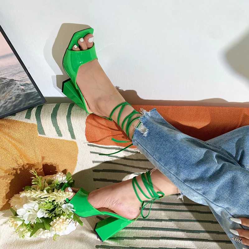 Summer Green Ankle Cross Strap Sandals Women Patent Leather Square High Heels Fashion Open Toe Party Dress Shoes Size 42 250110